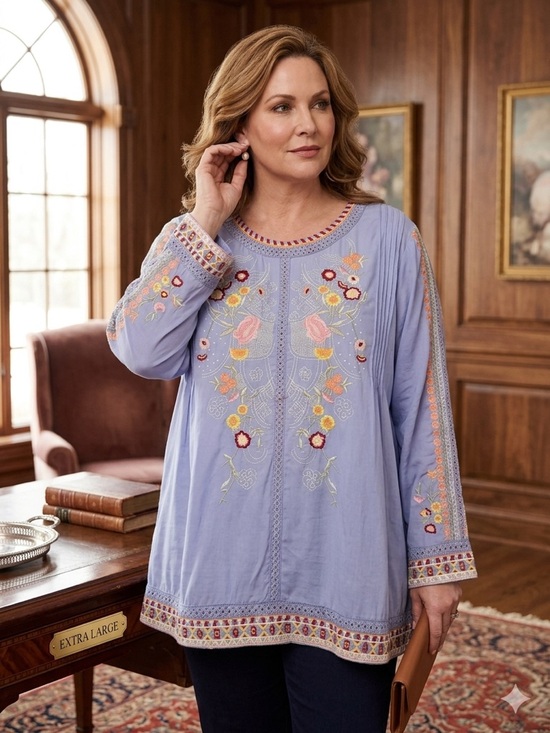 Sorrento Tops - Lavender Embroidered Floral Long-Sleeve Tunic Top